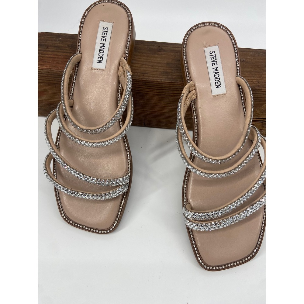 Steve Madden Starie Rhinestone Embellished Slide Sandals Tan Nude Square Toe 9M